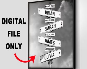 Digital File Only Personalized Family Names Street Sign Date of Birth Canvas Street Sign Multi-names Premium Canvas Father's Day Gift