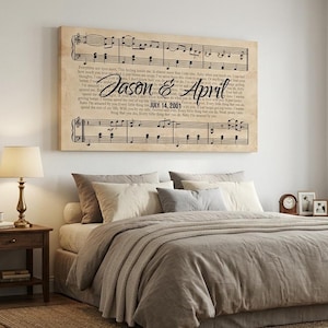 May include: A rectangular canvas wall art piece featuring black musical notation and lyrics printed on a light beige background. The center displays the names Jason & April in a black script font, with the date JULY 14, 2001 printed below.