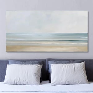Neutrale oceaan canvas muurkunst, zeegezicht ingelijst canvas muurkunst, lange landschapskunst, minimalistische zachte gedempte brede kunst, kust muur kunst decor