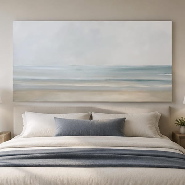 Neutral Ocean Canvas Wall Art, Seascape Framed Canvas Wall Art, Long Landscape Art, Minimalist Soft Muted Wide Art, Coastal Wall Art Decor