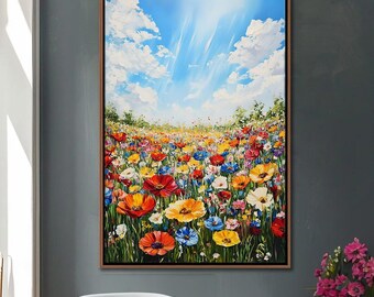 Puede incluir: Una pintura de un campo de flores silvestres coloridas con un cielo azul y nubes blancas en el fondo.