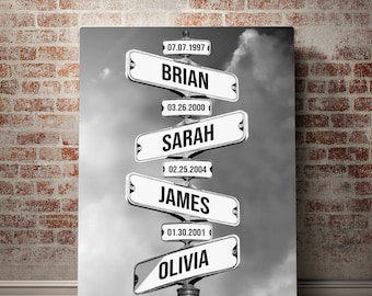 Personalized Family Names Date of Birth Vintage Street Sign Premium Canvas Street Sign Multi-names Premium Canvas Wall Art Best Gift