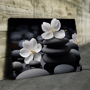 Floral Zen Stones Black In Water Bathroom Wall Art | Bathroom Wall Decor | Bathroom Canvas Art Prints | Canvas Wall Art Framed