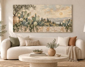Italian Terrace Cactus Canvas Wall Art | Mediterranean Coastal View Painting Print | Tuscan Villa Garden Decor