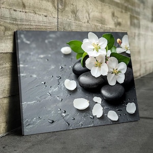 Floral Zen Stones Black and White In Water Bathroom Wall Art | Bathroom Wall Decor | Bathroom Canvas Art Prints | Canvas Wall Art Framed