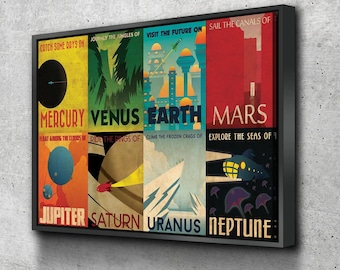 May include: A vintage-style poster set featuring illustrations of planets in our solar system. Each poster has a different color scheme and features a unique illustration of a planet, along with the planet's name and a tagline. The posters are arranged in a grid, with the planets Mercury, Venus, Earth, Mars, Jupiter, Saturn, Uranus, and Neptune.