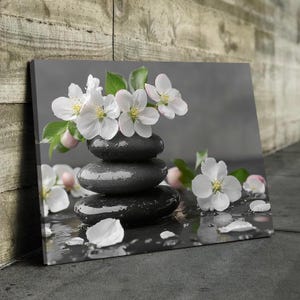 Zen Stones Floral Black In Water Bathroom Wall Art | Bathroom Wall Decor | Bathroom Canvas Art Prints | Canvas Wall Art Framed