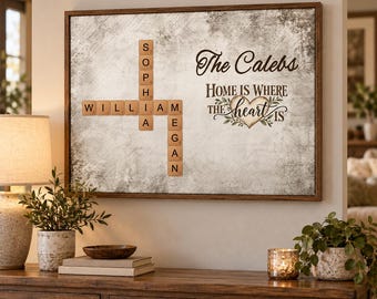 Personalized Family Name Scrabble Canvas Wall Art, Custom Crossword Name Sign Print, Home Is Where Heart Is Decor
