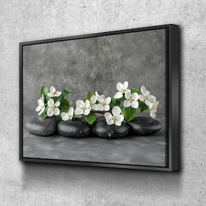 Floral Zen Stones Black and White Bathroom Wall Art | Bathroom Wall Decor | Bathroom Canvas Art Prints | Canvas Wall Art Framed