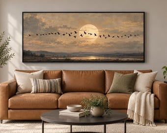 Geese Flying Full Moon Canvas Wall Art | Vintage Wildlife Silhouette Painting Print | Rustic Lake Wall Decor