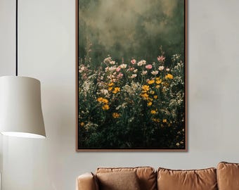 Arte de pared enmarcado con flores silvestres / Lienzo con paisaje botánico vintage / Decoración de pared floral / Arte floral de granja moderno / Campo de flores