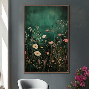 Wildflower Field Framed Wall Art, Vintage Botanical Landscape Sign, Floral Decor, Modern Farmhouse Canvas Art, Field Of Flowers Canvas Print