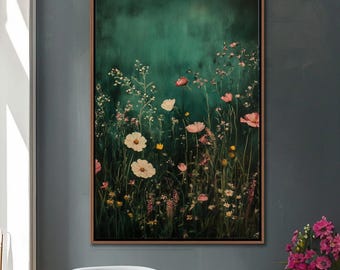 Wildflower Field Framed Wall Art, Vintage Botanical Landscape Sign, Floral Decor, Modern Farmhouse Canvas Art, Field Of Flowers Canvas Print