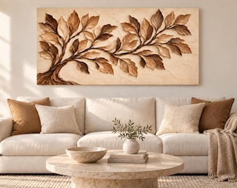 Leaf Branch Canvas Wall Art | Beautiful Tree Painting Print | Warm Neutral Relief Decor | Oversized Wall Art | Premium Framed Canvas