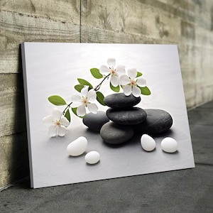 Floral Zen Stones Grey and White In Water Bathroom Wall Art | Bathroom Wall Decor | Bathroom Canvas Art Prints | Canvas Wall Art Framed