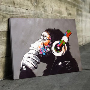 Banksy Prints | Banksy Canvas Art | Banksy Prints for Sale | Graffiti Canvas Art | DJ Monkey Reproduction Canvas Wall Art Framed