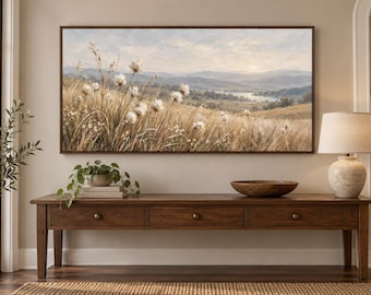 Cotton Grass Hillside Canvas Wall Art | Golden Meadow Valley Painting Print | Neutral River Landscape Decor