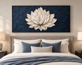 Sculptural Cream Lotus Canvas Wall Art | Navy Dimensional Flower Painting Print | Dramatic Botanical Decor
