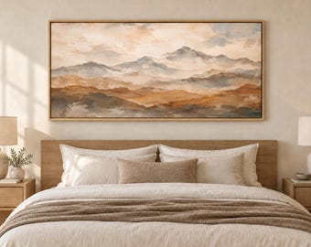 Abstract Layered Mountain Canvas Wall Art | Terracotta Grey Marbled Painting Print | Modern Earth Tone Decor