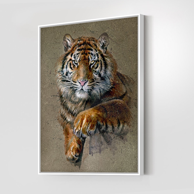 May include: A close-up portrait of a tiger with orange and black stripes. The tiger is looking directly at the viewer with a serious expression. The background is a muted brown color with a watercolor effect.
