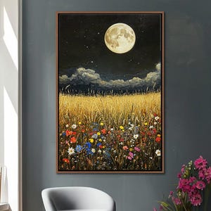 Wildflower Meadow Framed Wall Art | Abstract Moonlit Sky Decor | Vintage Botanical Canvas Art | Rustic Farmhouse Floral Canvas Print