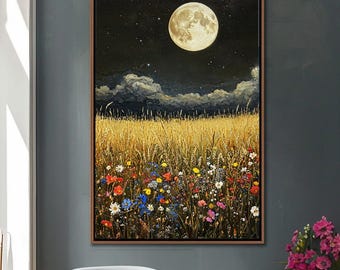 Arte de pared enmarcado con prado de flores silvestres / Decoración abstracta con cielo iluminado por la luna / Arte botánico vintage en lienzo / Impresión en lienzo con flores de estilo rústico de granja