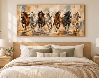 Seven Running Horses Canvas Wall Art | Horses Abstract Painting Print | Western Abstract Painting Wall Art