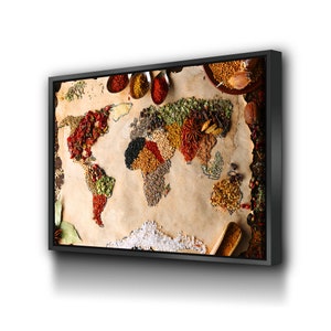 Wereldkaart met kruiden op canvas muurkunst | Muurkunst keuken | Canvaskunst aan de muur keuken | Keukenafdrukken | Keukenkunstwerk | Kruiden op de wereldkaart
