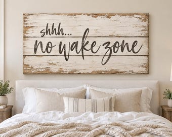 No Wake Zone Wood Sign Canvas | Rustic Farmhouse Nursery Quote Print | Distressed White Wall Decor