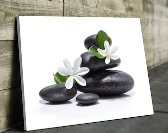 Floral Zen Stones White Bathroom Wall Art | Bathroom Wall Decor | Bathroom Canvas Art Prints | Canvas Wall Art