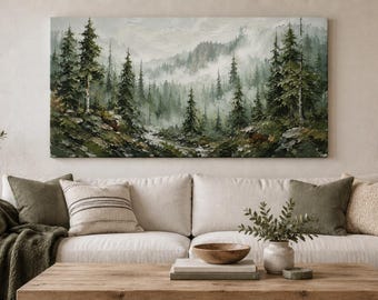 Misty Pine Forest Canvas Wall Art | Foggy Mountain Evergreen Painting Print | Moody Nature Wall Decor