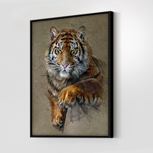 May include: A close-up of a tiger's face with orange and black stripes. The tiger is looking directly at the viewer with a serious expression. The background is a brown watercolor wash.