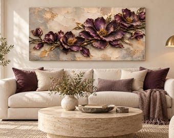 Sculptural Plum Floral Canvas Wall Art | Gold Edge Peony Painting Print | Luxe Botanical Relief Decor