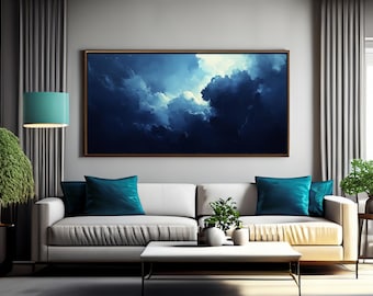 Dark Blue Clouds Framed Wall Art, Abstract Cloudy Wall Decor, Minimalist Living Room Canvas Art, Maximalist Home Decor, Bedroom Canvas Print