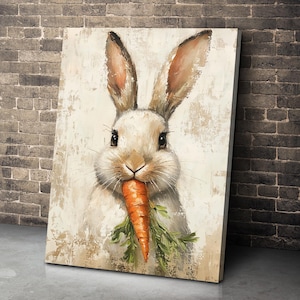 May include: A white rabbit with brown ears is holding a carrot in its mouth. The rabbit is painted in a realistic style with a textured background.