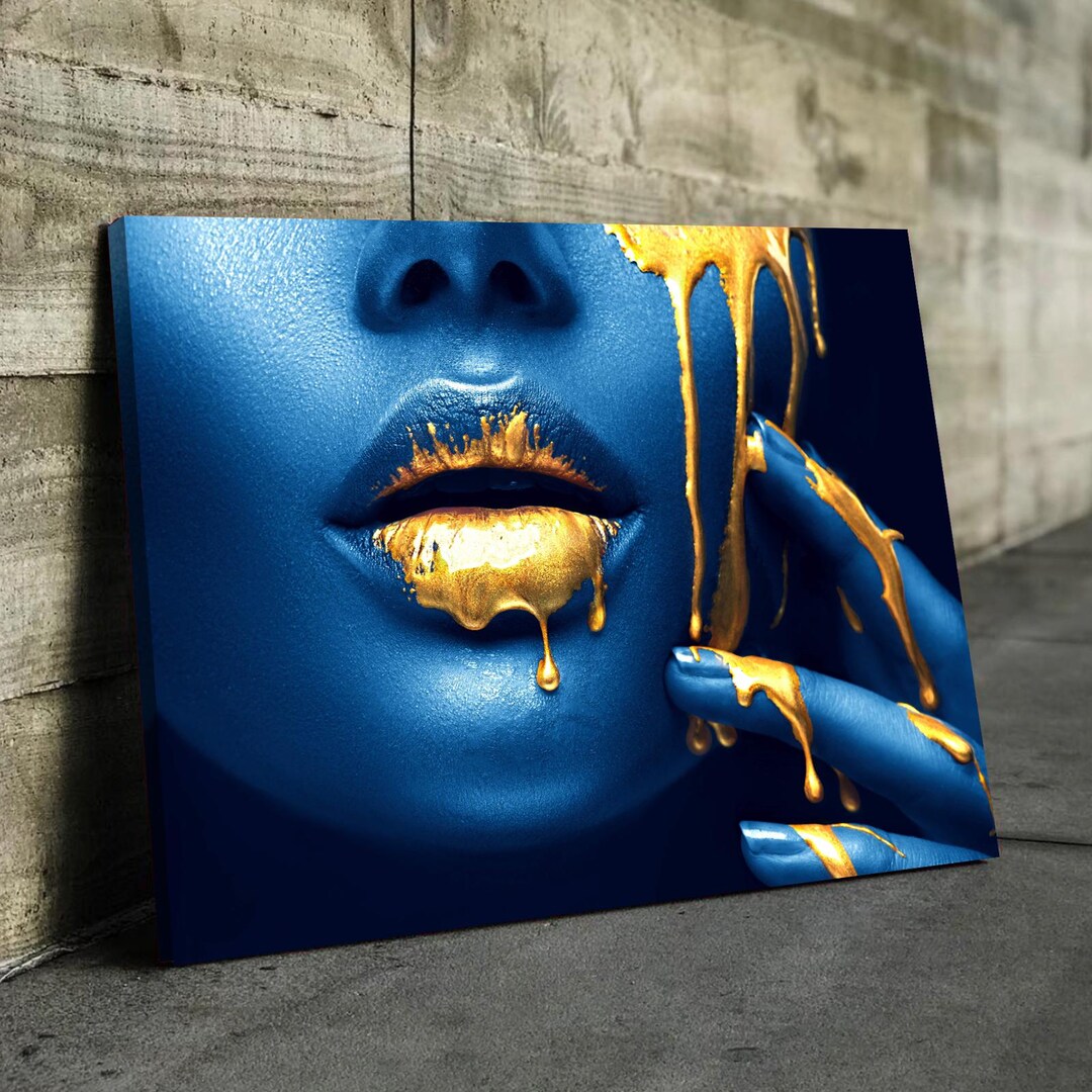 Abstract Woman Face Print in Blue and Gold Lips Canvas Wall Art Fashion ...