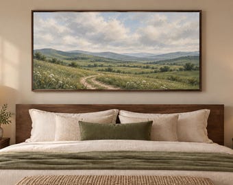 Daisy Path Countryside Canvas Wall Art | Blue Sky Rolling Hills Painting Print | Classic Summer Landscape Decor