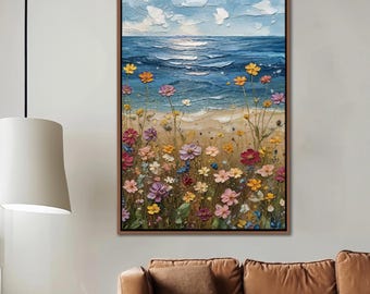 Puede incluir: Una pintura de un paisaje marítimo con un campo de flores silvestres coloridas en primer plano. El océano es azul y el cielo es azul claro con nubes blancas. Las flores son rosas, moradas, amarillas y naranjas.