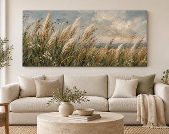 Windswept Pampas Grass Canvas Wall Art | Golden Prairie Meadow Painting Print | Neutral Coastal Field Decor