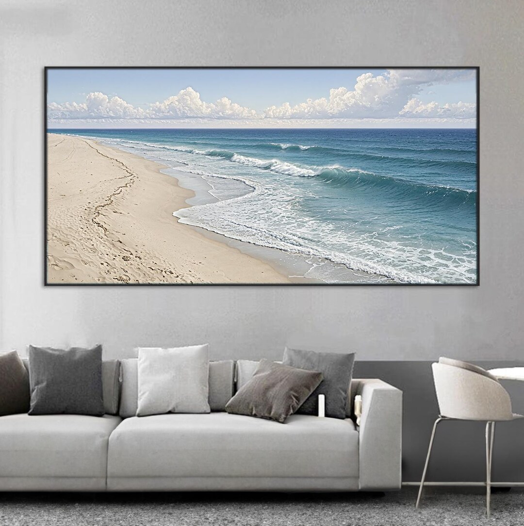 Abstract Beach Shore Wall Art, Seascape Framed Canvas Wall Art, Long ...