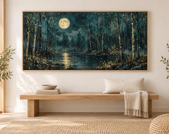 Moonlit Forest Canvas Wall Art | Magical Firefly Night Painting Print | Birch Trees Full Moon Decor