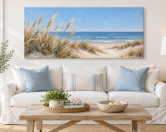 Beach Dune Sea Grass Canvas Wall Art | Classic Coastal Path Painting Print | Blue Sky Ocean Wall Decor