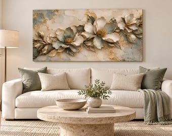 Sculptural Ivory Magnolia Canvas Wall Art | Gold Edge Floral Painting Print | Sage Botanical Relief Decor