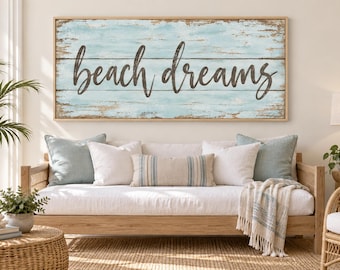 Beach Dreams Wood Sign Canvas | Coastal Farmhouse Quote Wall Art | Distressed Blue Script Decor