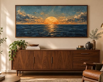 Golden Sun Ocean Canvas Wall Art |  Bold Textured Sunset Seascape Painting Print | Navy Orange Wall Decor