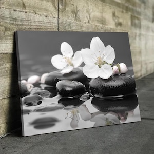 Floral Zen Stones Black In Water Bathroom Wall Art | Bathroom Wall Decor | Bathroom Canvas Art Prints | Canvas Wall Art Framed