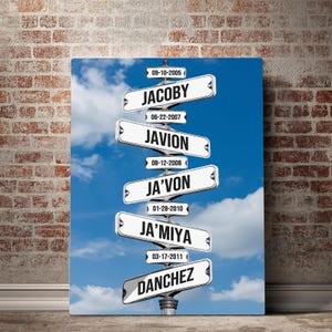 Personalized Family Names Date of Birth Vintage Street Sign Blue Sky Premium Canvas Street Sign Multi-names Best Mother&#39;s Day Gift