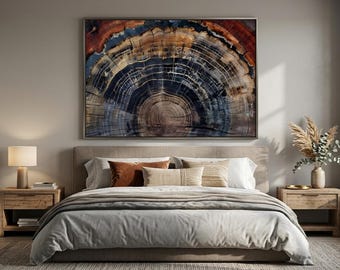 May include: A large rectangular wall art piece featuring a detailed cross-section of a tree trunk with concentric growth rings in shades of deep blue, dark brown, and warm amber, displayed in a thin metallic frame above a neutral-toned bed.