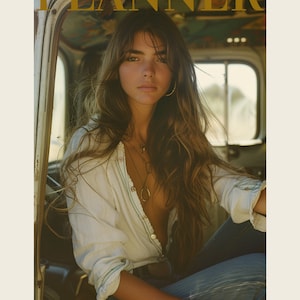 May include: A woman with long brown hair is wearing a white button-down shirt, blue jeans, and gold jewelry. She is sitting in a vintage car. The text "DIGITAL OUTFIT PLANNER" is at the top of the image. The text "STAY ORGANIZED, AND FEEL CONFIDENT IN YOUR STYLE CHOICES" is at the bottom of the image.
