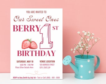 TEMPLATE Berry First Birthday Invitation (Customizable)
